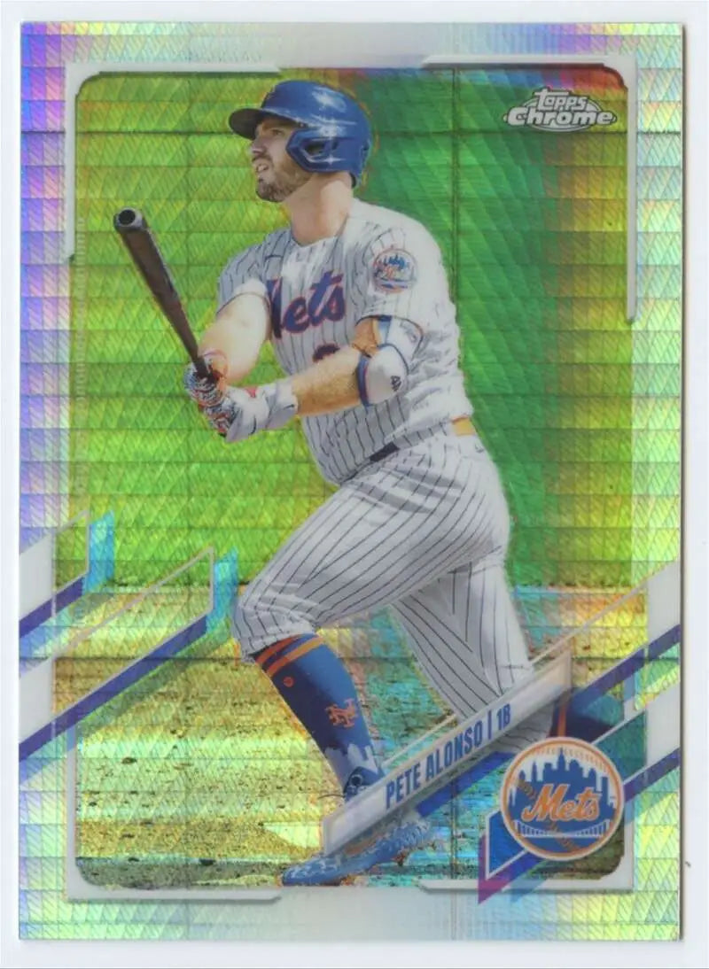 Pete Alonso in a New York Mets uniform ready to bat on a Refractor Prism card
