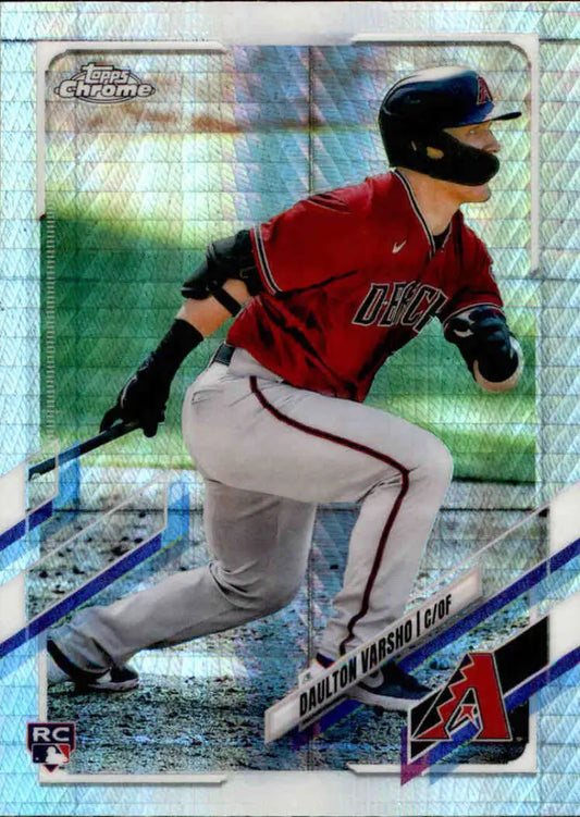 Baseball player Daulton Varsho swinging bat in Arizona Diamondbacks uniform refractor prism