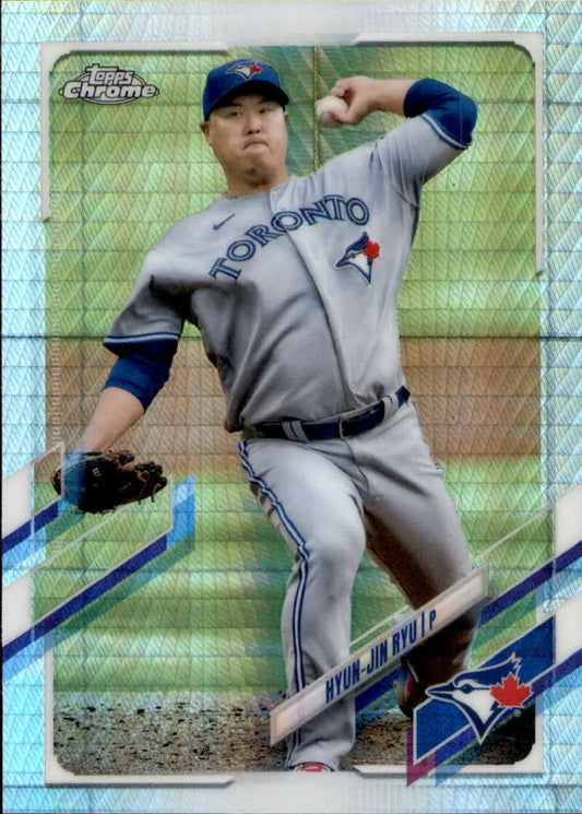 Toronto Blue Jays pitcher Hyun-Jin Ryu mid-throw in gray uniform baseball card design