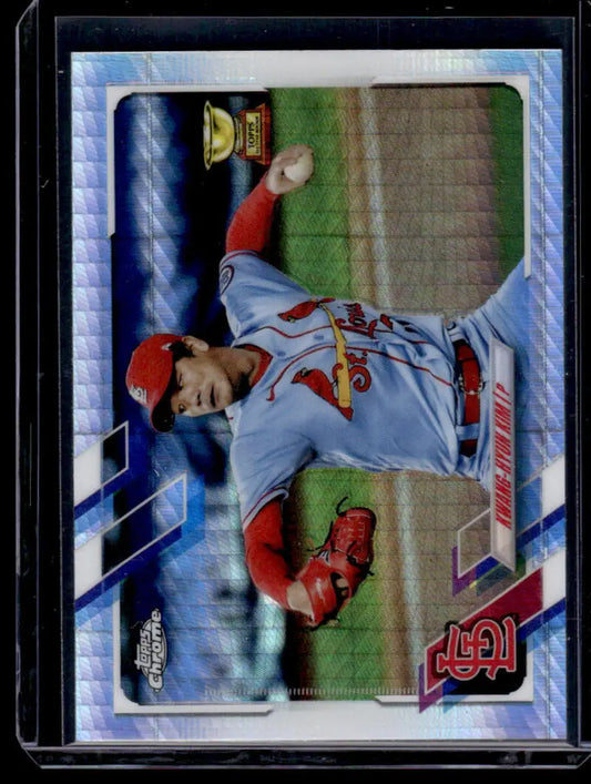 Kwang-Hyun Kim in gray road uniform on 2021 Topps Chrome Refractor Prism card