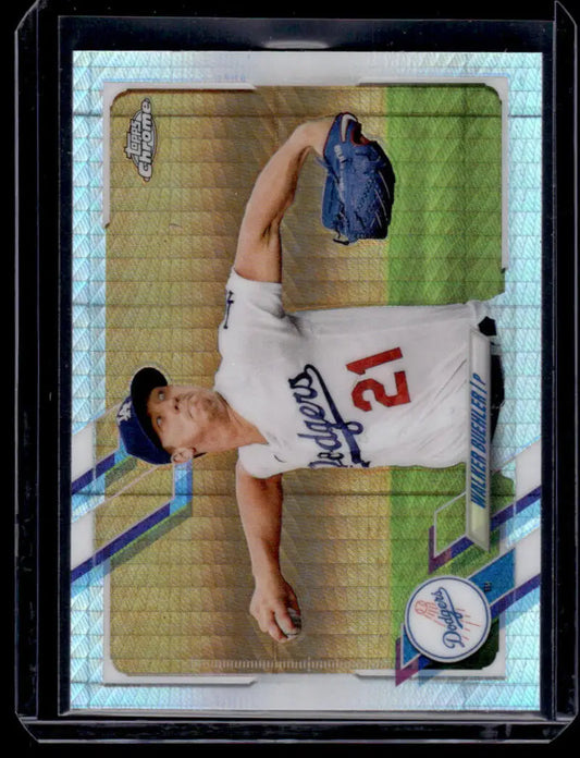 Baseball card of Walker Buehler in white Dodgers jersey #12 from 2021 Topps Chrome