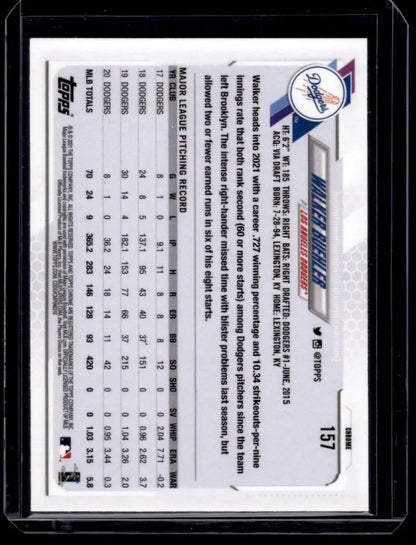 Back of 2021 Topps Chrome Refractor Prism #157 Walker Buehler Los Angeles Dodgers card