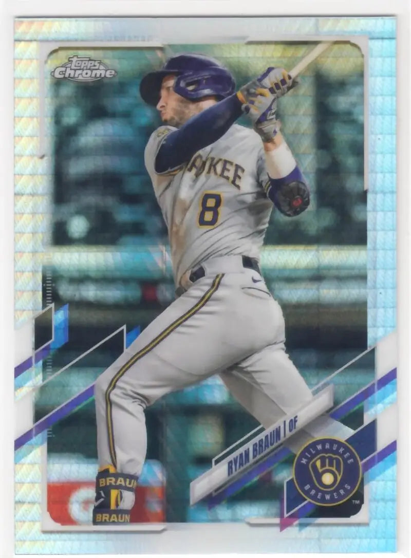 Ryan Braun in gray road uniform swinging bat for Milwaukee Brewers Refractor Prism card