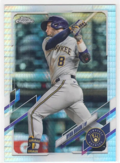 Ryan Braun in gray road uniform swinging bat for Milwaukee Brewers Refractor Prism card