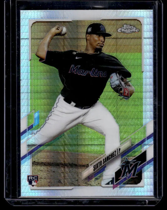 Sixto Sanchez mid-delivery in black jersey on 2021 Miami Marlins Refractor Prism card