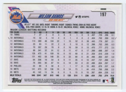 Wilson Ramos 2021 Topps Chrome Refractor Prism baseball card with Mets logo and stats