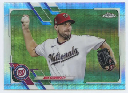 Max Scherzer mid-throw on 2021 Topps Chrome Refractor Baseball Card Washington Nationals