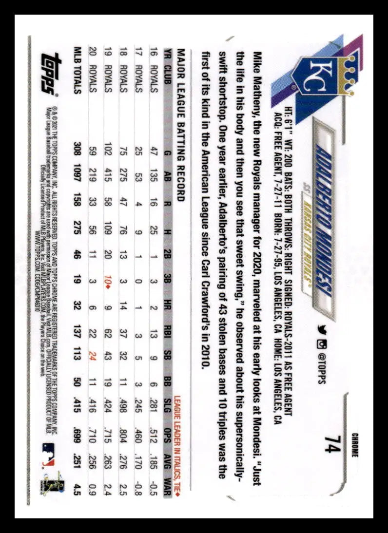 Topps Chrome Refractor Prism #74 Adalberto Mondesi Kansas City Royals Baseball Card stats