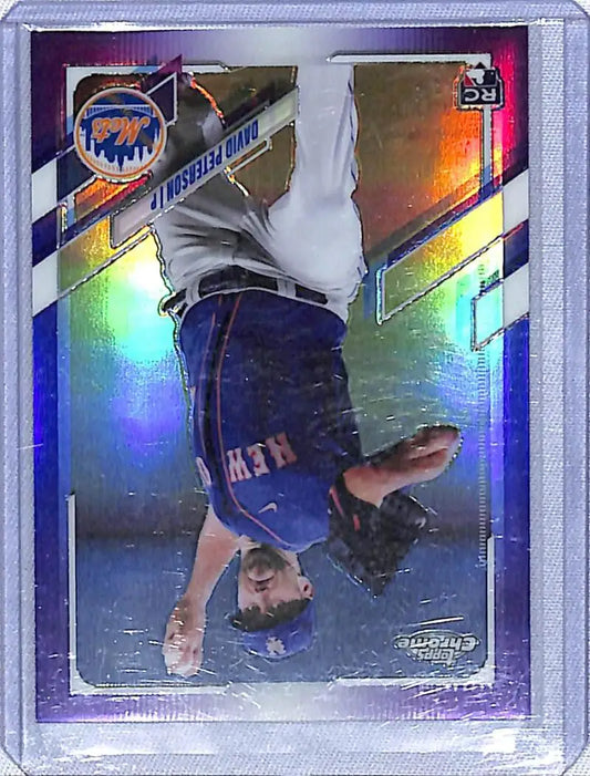 Holographic Topps Chrome Refractor Purple card of David Peterson in Mets uniform