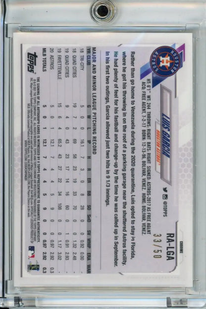 Luis Garcia baseball card from 2021 Topps Chrome Rookie Autographs Refractor Gold series