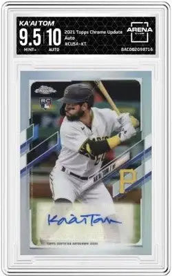 Graded Ka’ai Tom autographed baseball card from 2021 Topps Chrome Update series