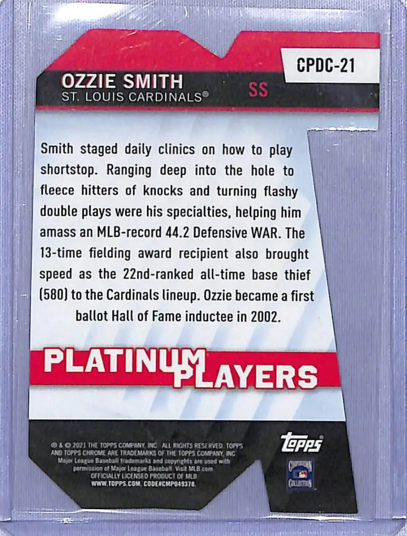 Ozzie Smith baseball card back from 2021 Topps Chrome Update Platinum Refractors