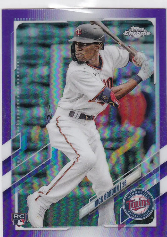 Purple-bordered Topps Chrome card of Gordon RC Minnesota Twins batting USC16 Purple Nick Gordon