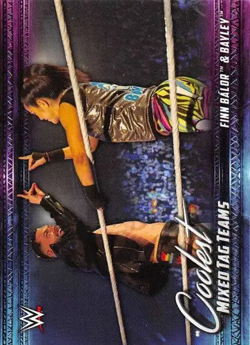Wrestling trading card featuring Finn Bálor and Bayley from 2021 Topps Coolest Mixed Tag Teams
