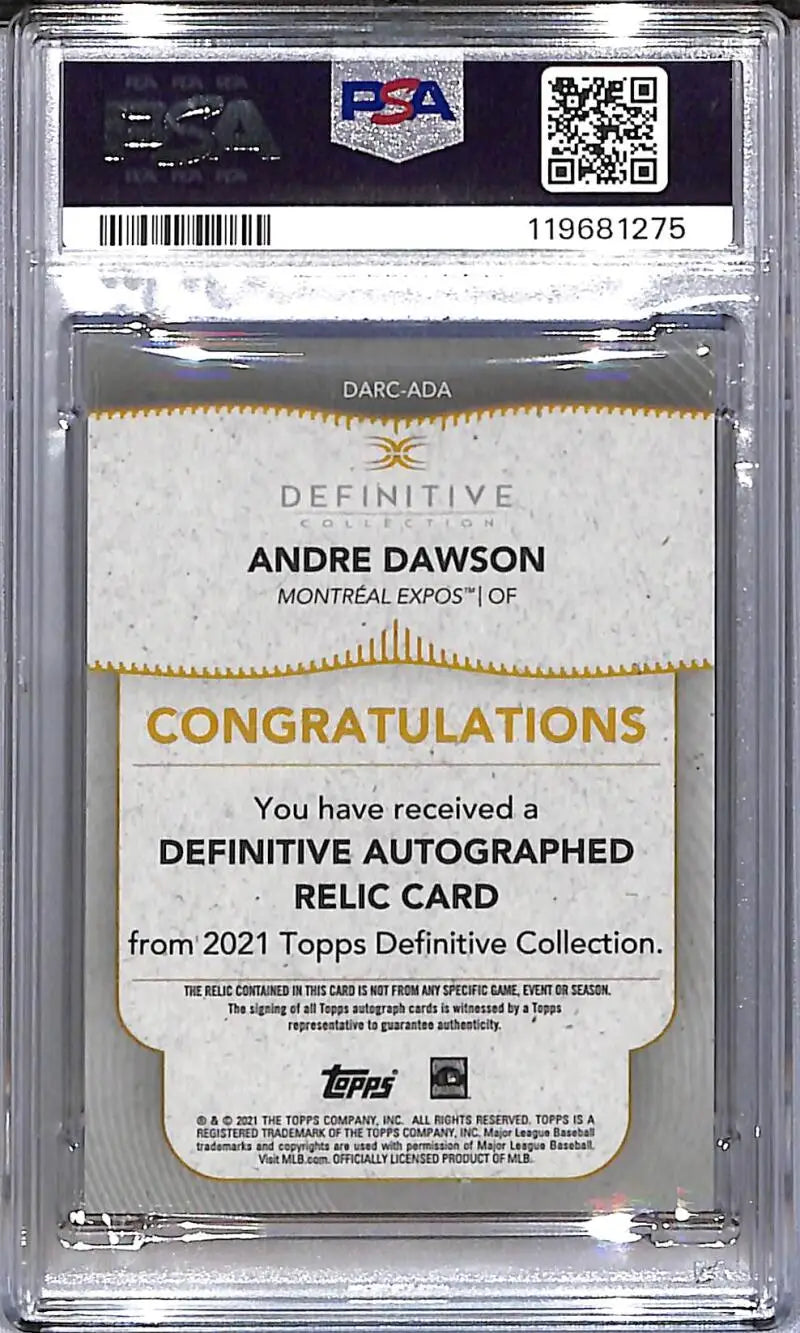 PSA-graded Andre Dawson autographed relic card from 2021 Topps Definative Green featuring Montreal Expos memorabilia