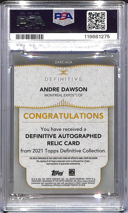 PSA-graded Andre Dawson autographed relic card from 2021 Topps Definative Green featuring Montreal Expos memorabilia
