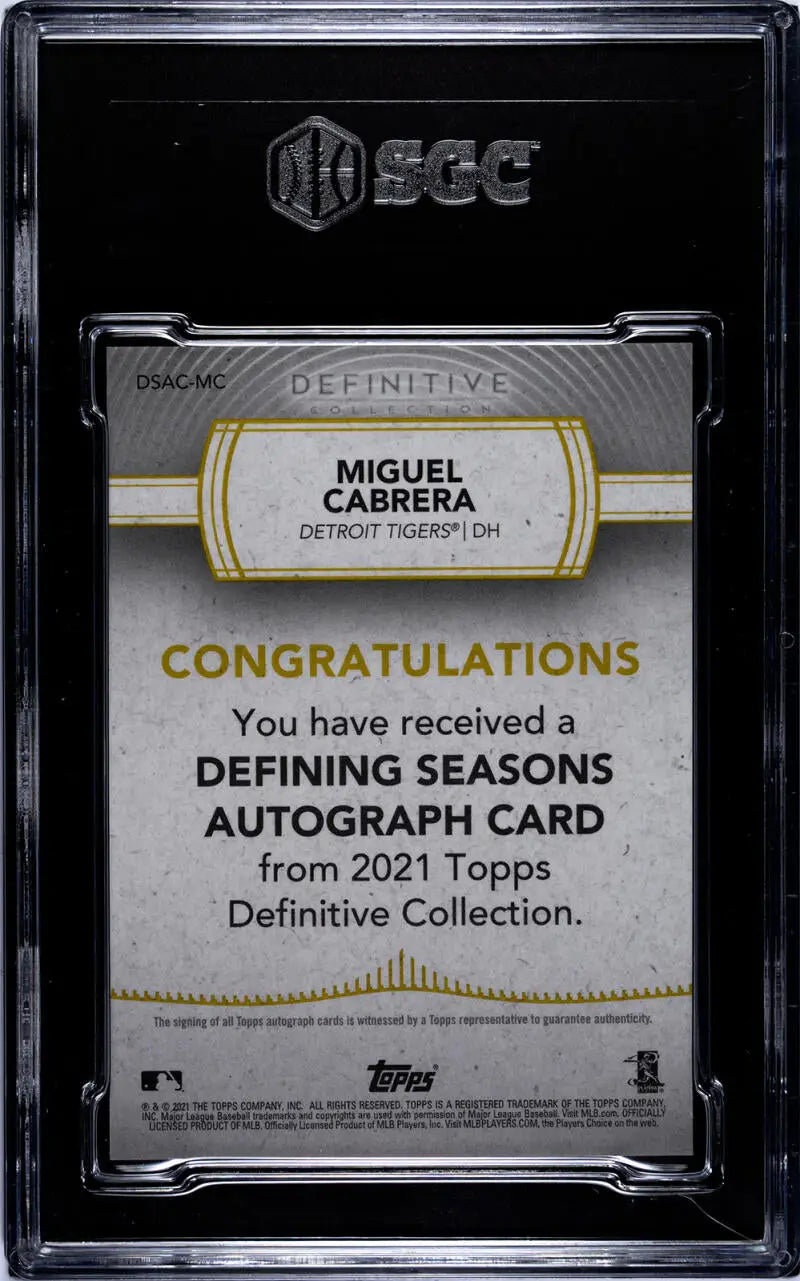Graded authentication case for 2021 Topps Definitive Miguel Cabrera Detroit Tigers baseball card