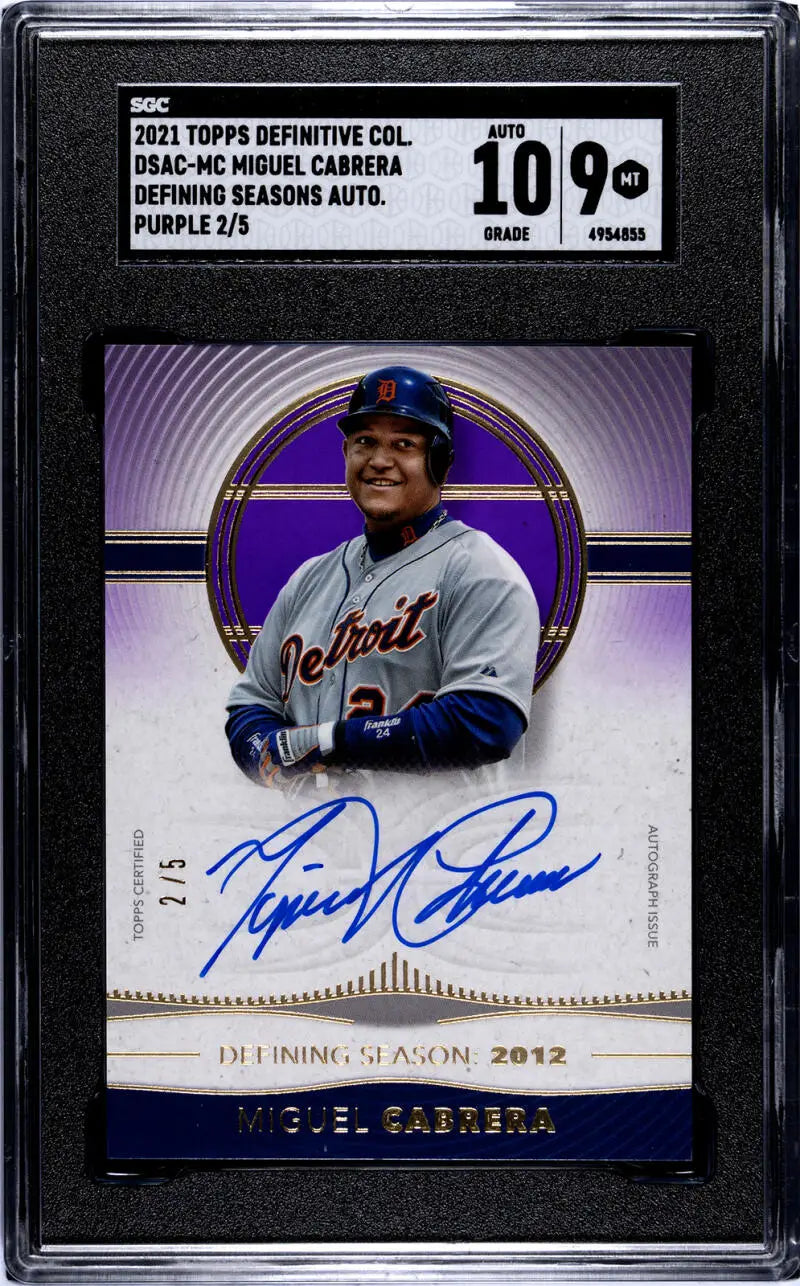 Graded baseball card of Miguel Cabrera with autograph and purple design for Detroit Tigers