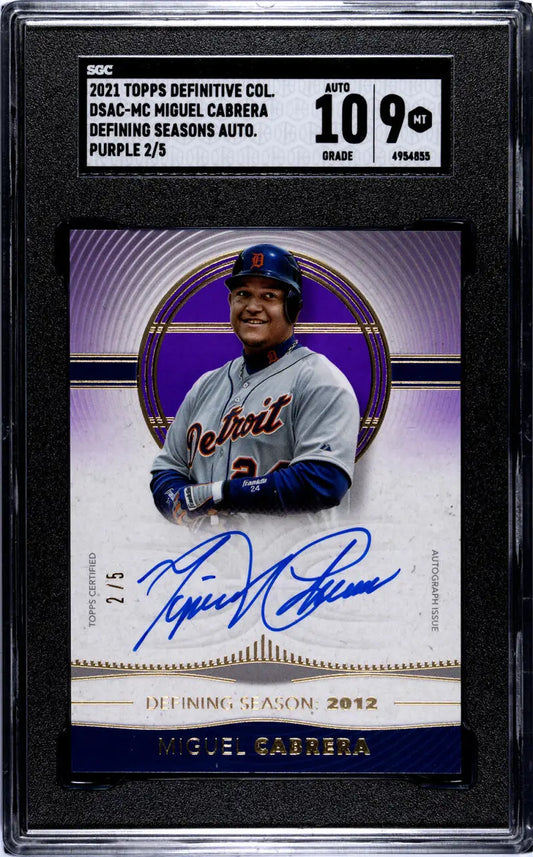 Graded baseball card of Miguel Cabrera with autograph and purple design for Detroit Tigers