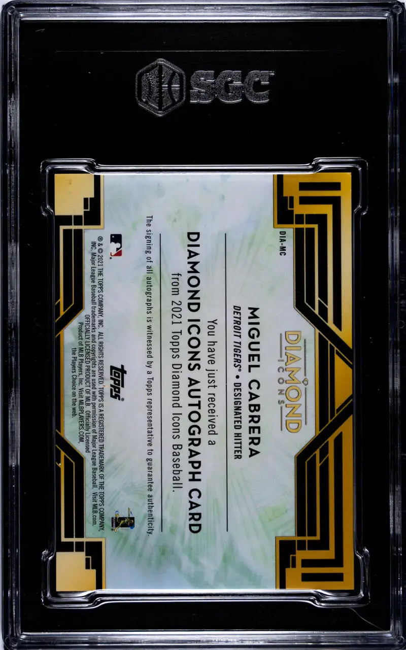 Trading card in black case with gold accents featuring Miguel Cabrera Detroit Tigers Diamond Icons