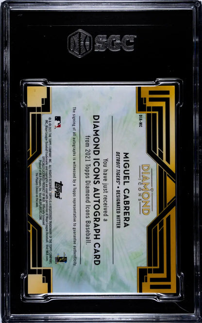 Trading card in black case with gold accents featuring Miguel Cabrera Detroit Tigers Diamond Icons