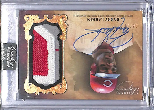 Barry Larkin autographed baseball card with game-used jersey patch from Topps Dynasty Dynastic
