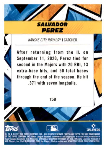 Baseball card back of 2021 Topps Fire Gold Minted #158 Salvador Perez NM-MT Royals