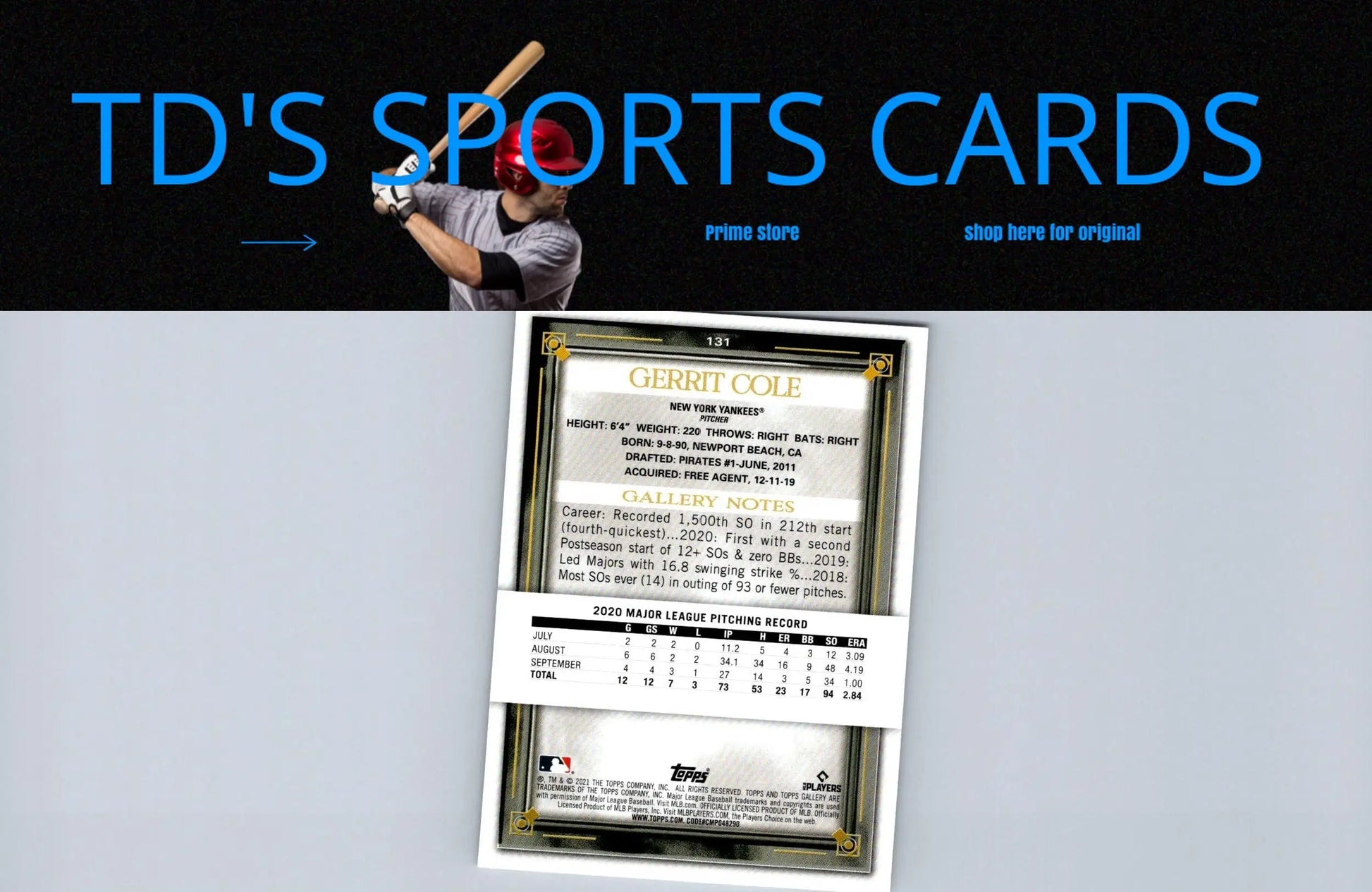 Gerrit Cole baseball card from 2021 Topps Gallery series featuring player image