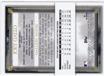 Baseball card of Joey Gallo with stats from 2021 Topps Gallery New York Yankees