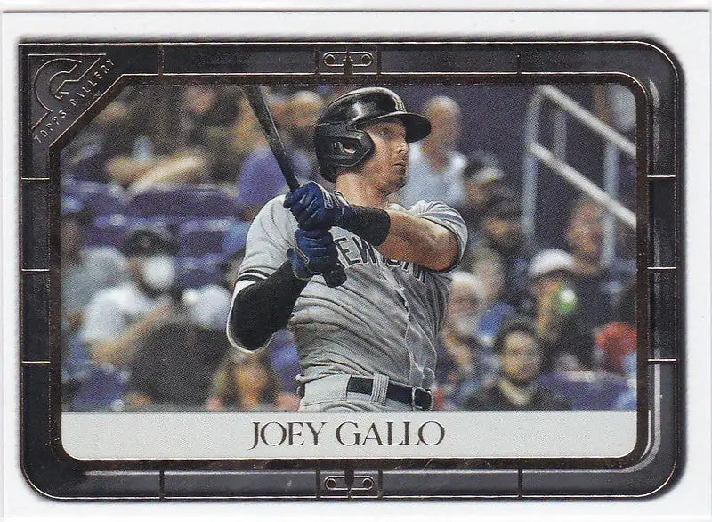 Baseball card of Joey Gallo batting in gray uniform for Topps Gallery New York Yankees
