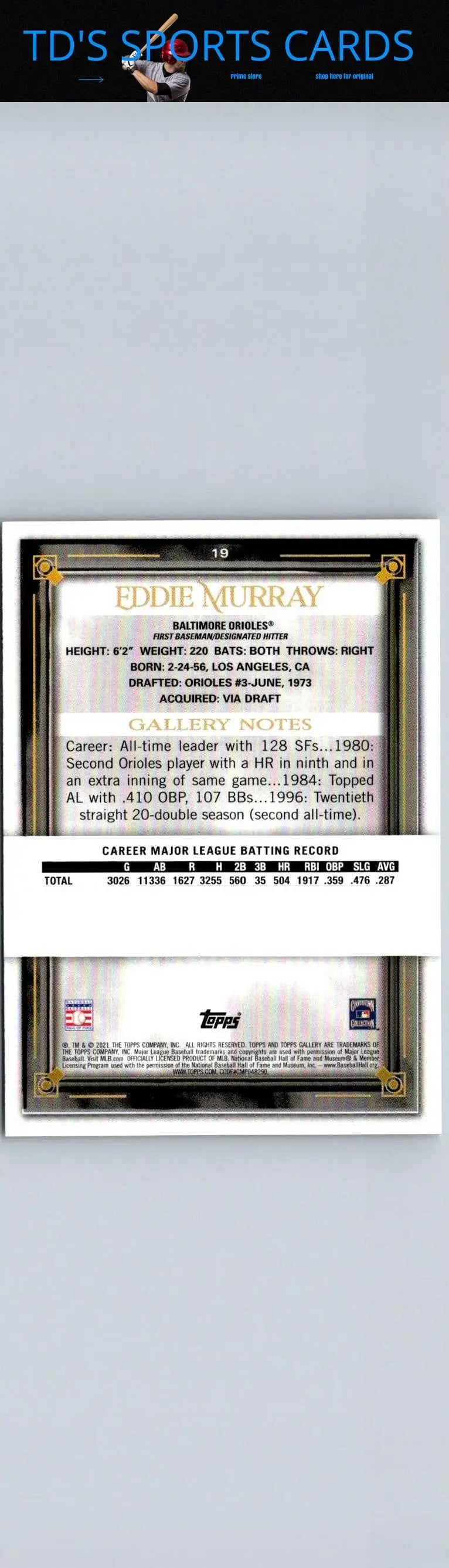 Eddie Murray baseball card from 2021 Topps Gallery #19 featuring Rainbow Foil design