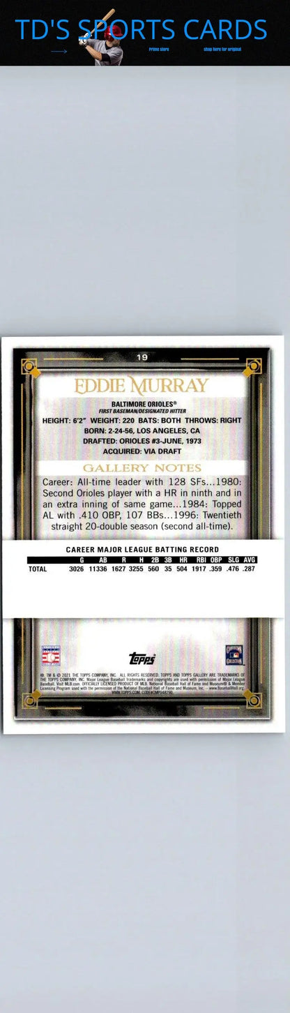 Eddie Murray baseball card from 2021 Topps Gallery #19 featuring Rainbow Foil design