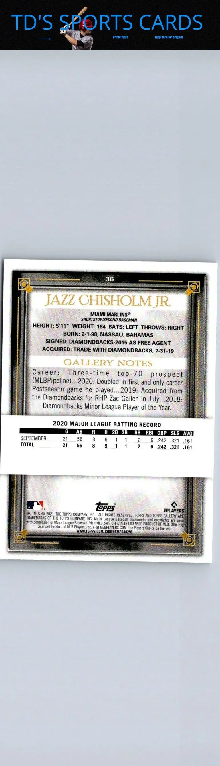 2021 Topps Gallery #36 Jazz Chisholm Jr. trading card showcasing the player in action