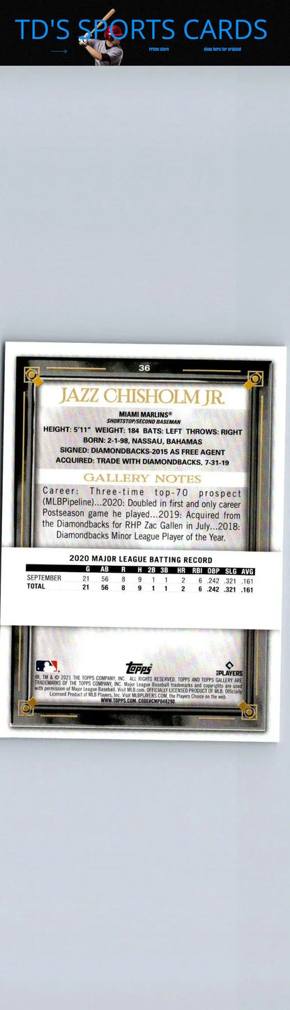 2021 Topps Gallery #36 Jazz Chisholm Jr. trading card showcasing the player in action