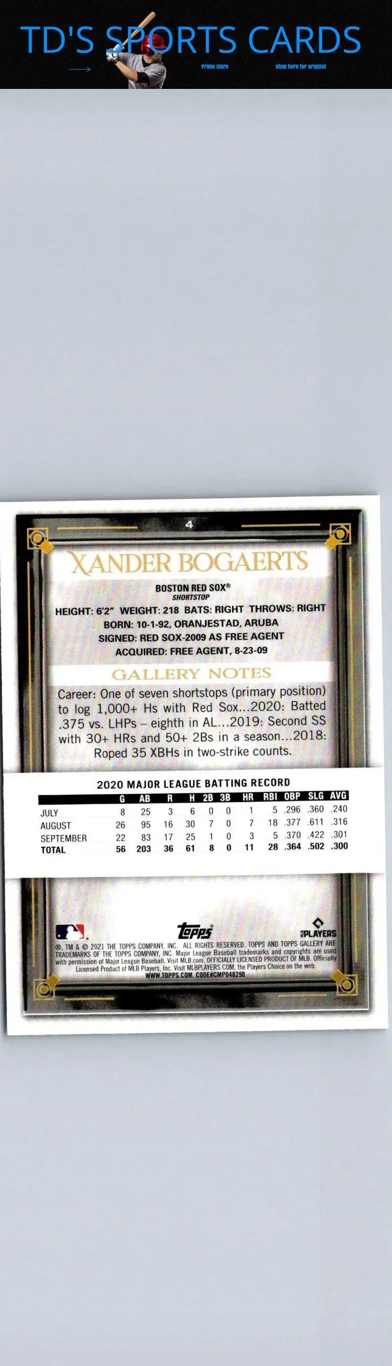Xander Bogaerts baseball card from 2021 Topps Gallery Rainbow Foil collection