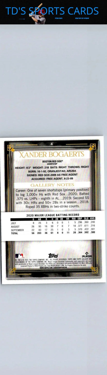 Xander Bogaerts baseball card from 2021 Topps Gallery Rainbow Foil collection