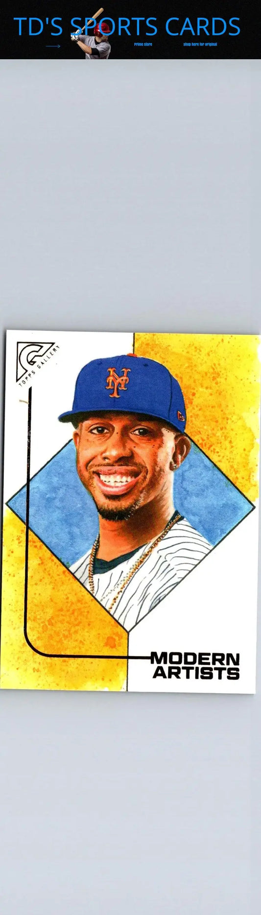 Baseball card of Francisco Lindor smiling from 2021 Topps Gallery Modern Artists series