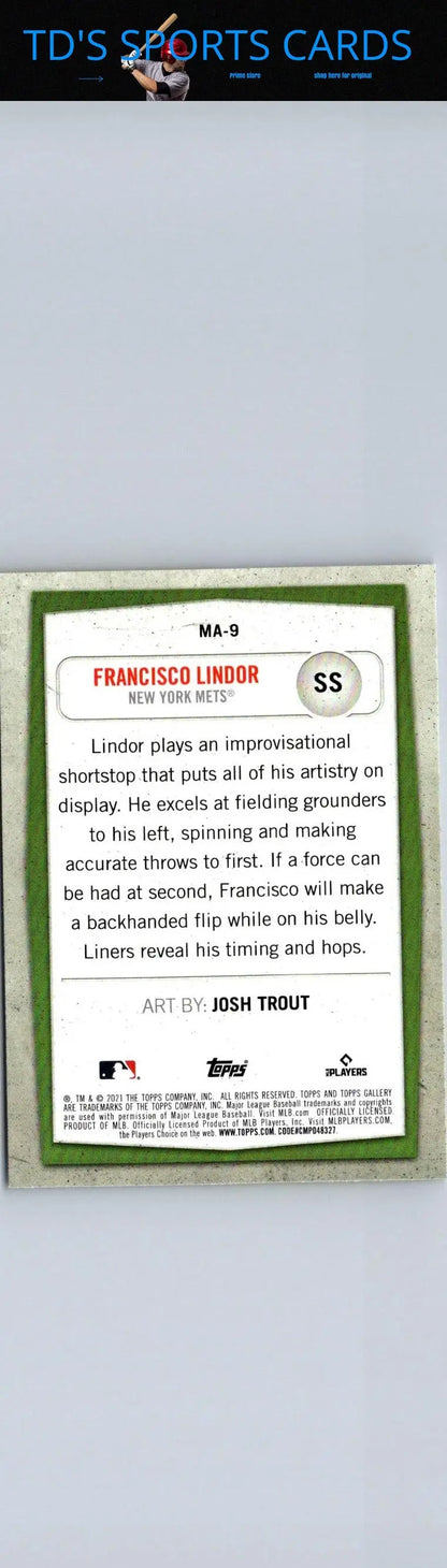 Baseball card back of 2021 Topps Gallery Francisco Lindor Modern Artists Green #/250
