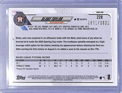 Blake Taylor Houston Astros baseball card from 2021 Topps Gold series
