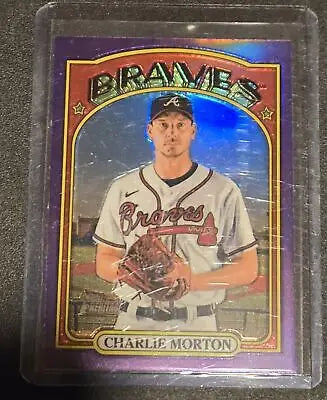 Charlie Morton Chrome baseball card from 2021 Topps Heritage featuring purple refractor finish