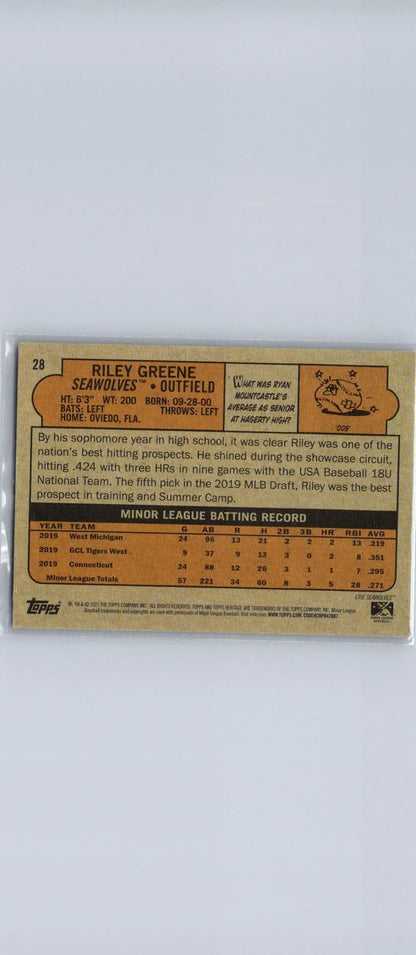 Riley Greene baseball card from 2021 Topps Heritage Minor League #28 collectible series
