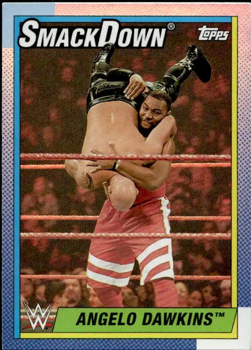 Angelo Dawkins wrestling card from 2021 Topps Heritage WWE series with rainbow foil finish