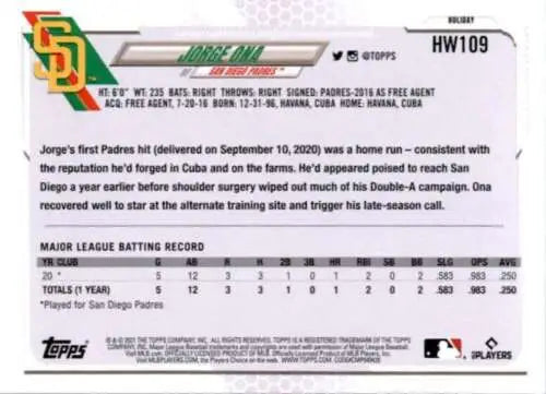 Baseball card back of 2021 Topps Holiday Mega Box HW109 Jorge Ona NM-MT RC Padres