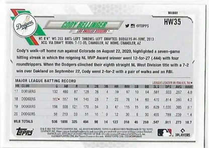 Baseball card back of 2021 Topps Holiday Mega Box Cody Bellinger NM-MT Dodgers original gloss