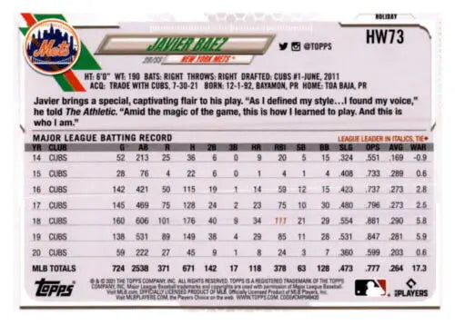 Javier Baez baseball card from 2021 Topps Holiday Mega Box featuring original gloss
