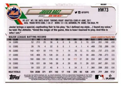 Javier Baez baseball card from 2021 Topps Holiday Mega Box featuring original gloss