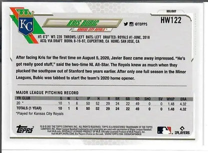 Back of 2021 Topps Holiday Mega Box Metallic Kris Bubic rookie card with player stats