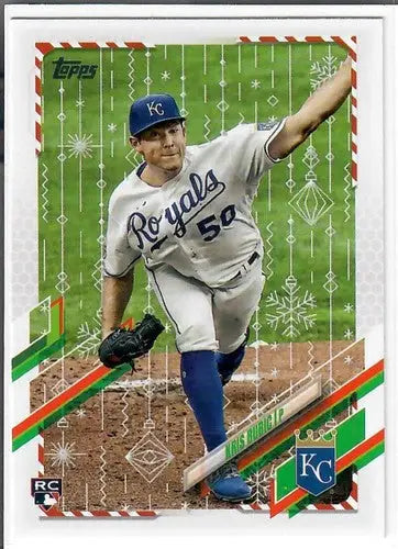 Baseball card of pitcher in white Royals jersey from 2021 Topps Holiday Mega Box Metallic