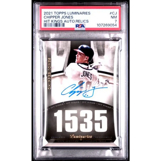 2021 Topps Luminaries Hit Kings Autograph Relics #HKAR-CJ Chipper Jones PSA 7 NM MEM Auto 4/15 Atlanta Braves Baseball Card