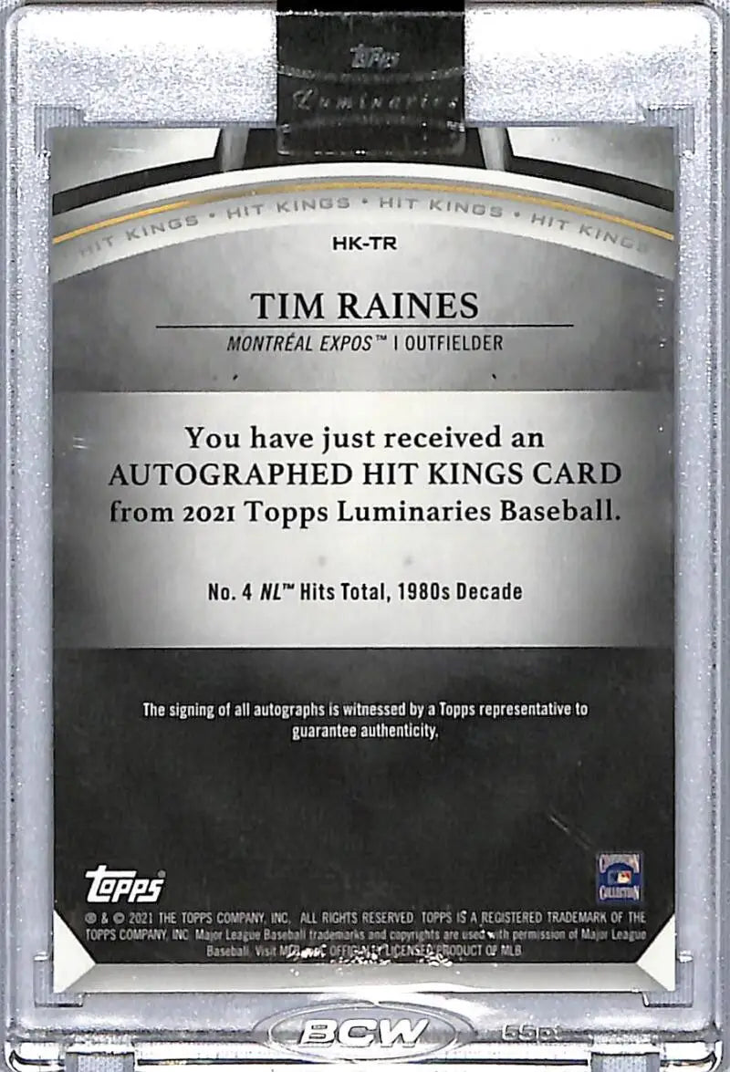 Autographed Tim Raines 2021 Topps Luminaries Hit Kings Blue card for Montreal Expos